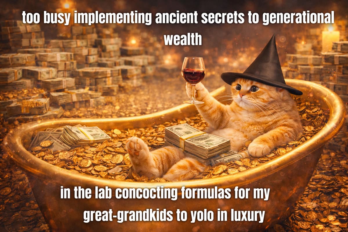 Cat in gold bathtub implementing ancient secrets meme