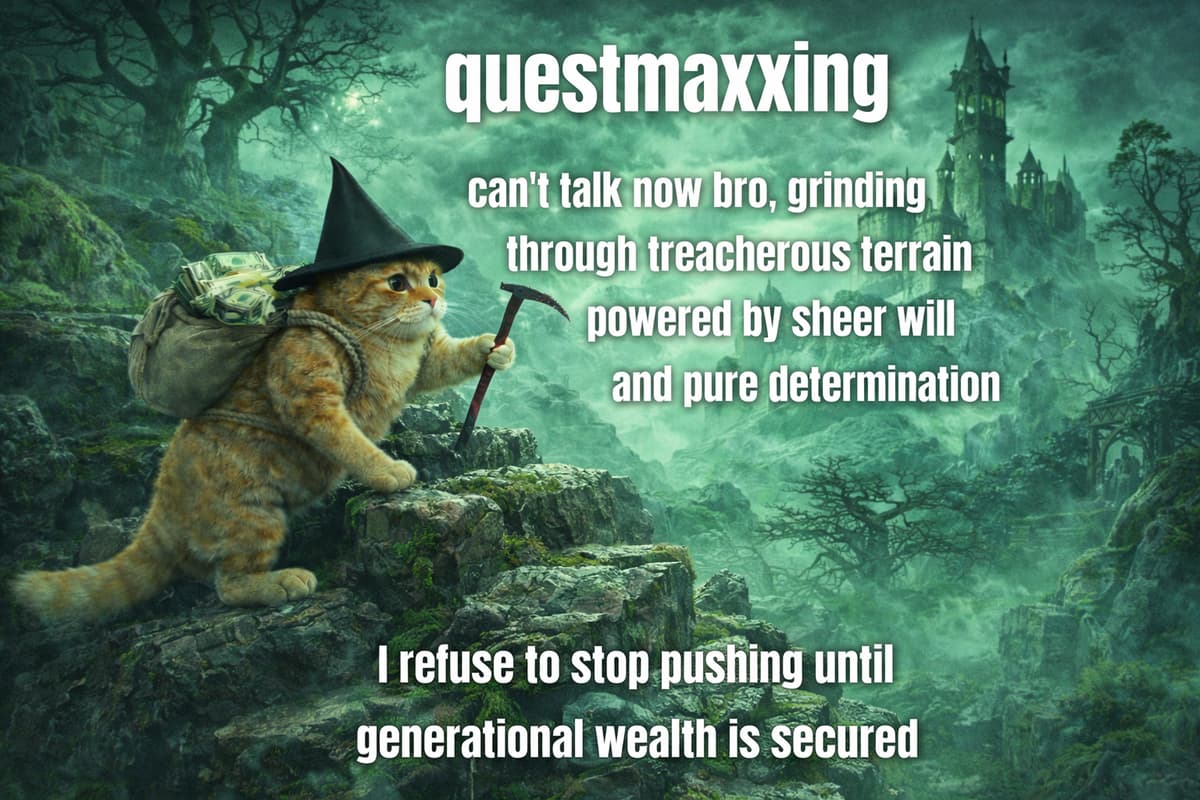 Cat grinding through treacherous green terrain meme